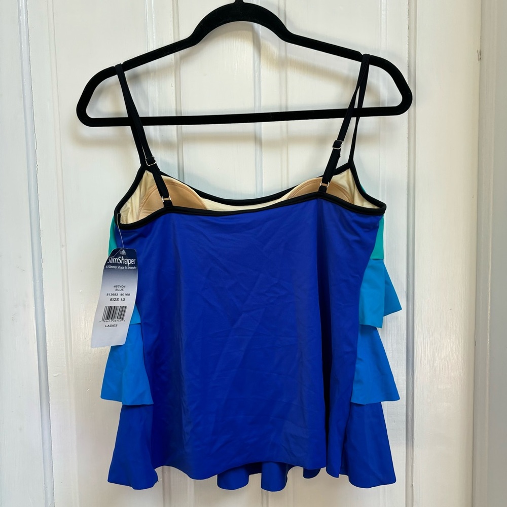 NWT BLUE AND BLACK SLIM SHAPER TANKINI RUFFLE TIERED SWIMSUIT TOP WOMENS SIZE 12 - Picture 2 of 5